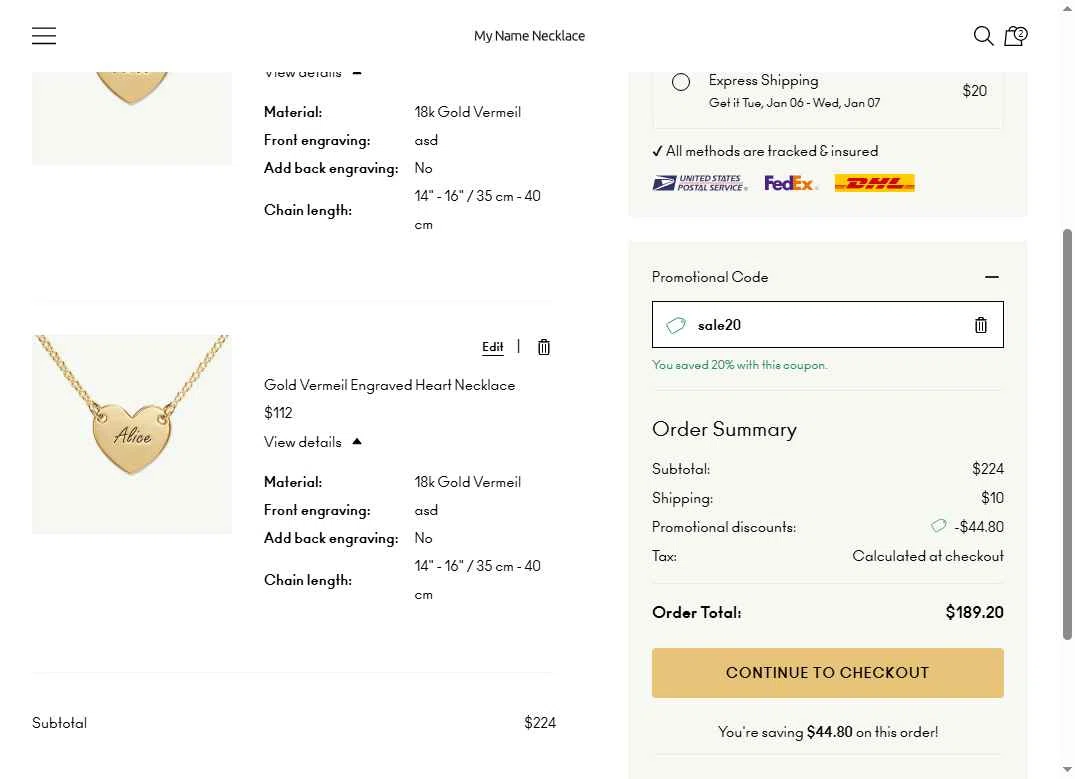My Name Necklace checkout page showing My Name Necklace promo code box | Screenshot taken by SimplyCodes community member on Dec 12, 2025