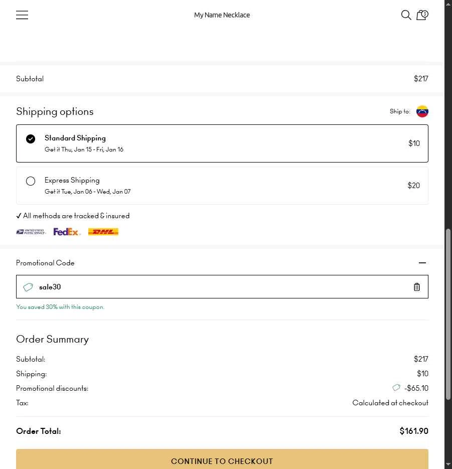 My Name Necklace checkout page showing My Name Necklace promo code box | Screenshot taken by SimplyCodes community member on Dec 12, 2025