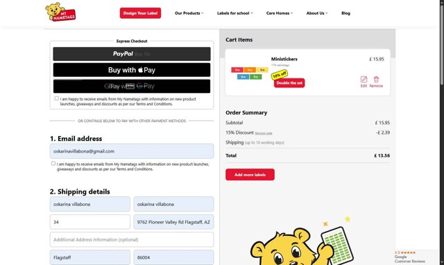 My Nametags checkout page showing My Nametags discount code box | Screenshot taken by SimplyCodes community member on Aug 13, 2025