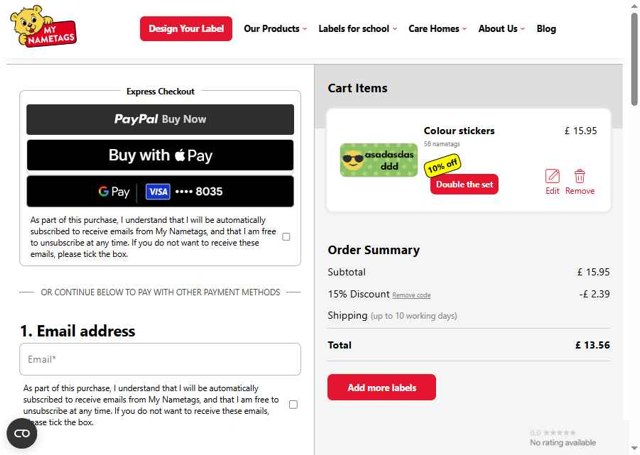 My Nametags checkout page showing My Nametags discount code box | Screenshot taken by SimplyCodes community member on Aug 21, 2025