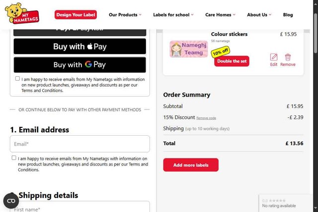 My Nametags checkout page showing My Nametags discount code box | Screenshot taken by SimplyCodes community member on Aug 3, 2025