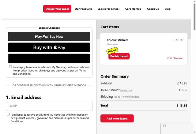 My Nametags checkout page showing My Nametags discount code box | Screenshot taken by SimplyCodes community member on Aug 2, 2025