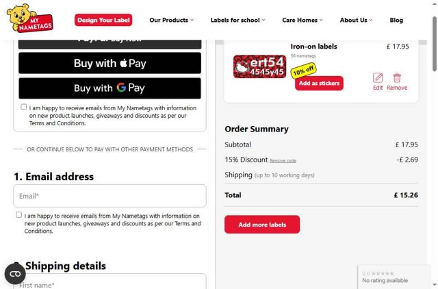 My Nametags checkout page showing My Nametags discount code box | Screenshot taken by SimplyCodes community member on Jul 31, 2025