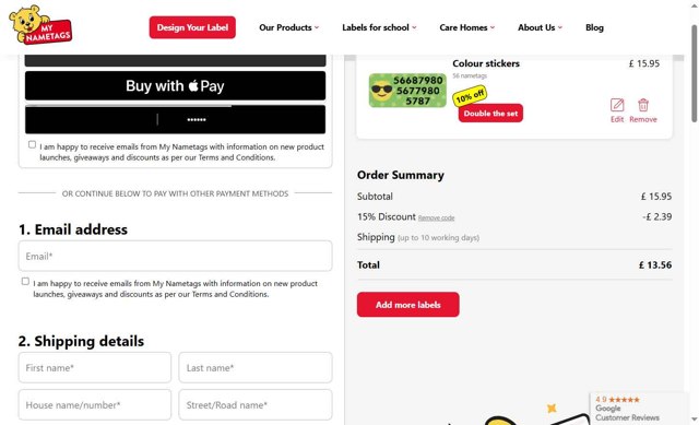 My Nametags checkout page showing My Nametags discount code box | Screenshot taken by SimplyCodes community member on Aug 6, 2025