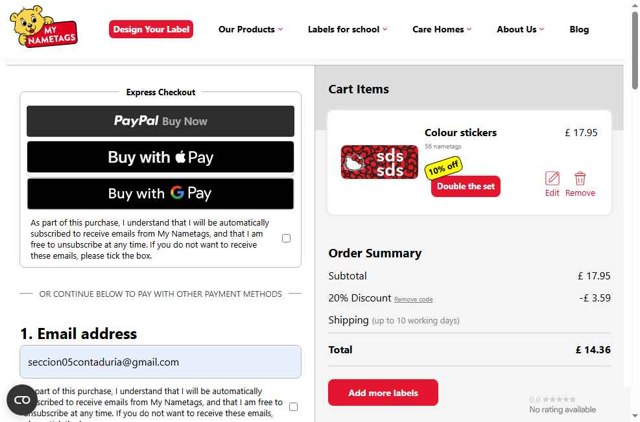 My Nametags checkout page showing My Nametags discount code box | Screenshot taken by SimplyCodes community member on Aug 21, 2025