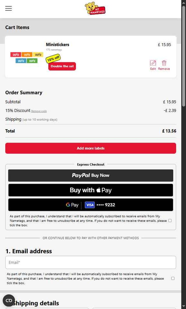 My Nametags checkout page showing My Nametags discount code box | Screenshot taken by SimplyCodes community member on Aug 21, 2025