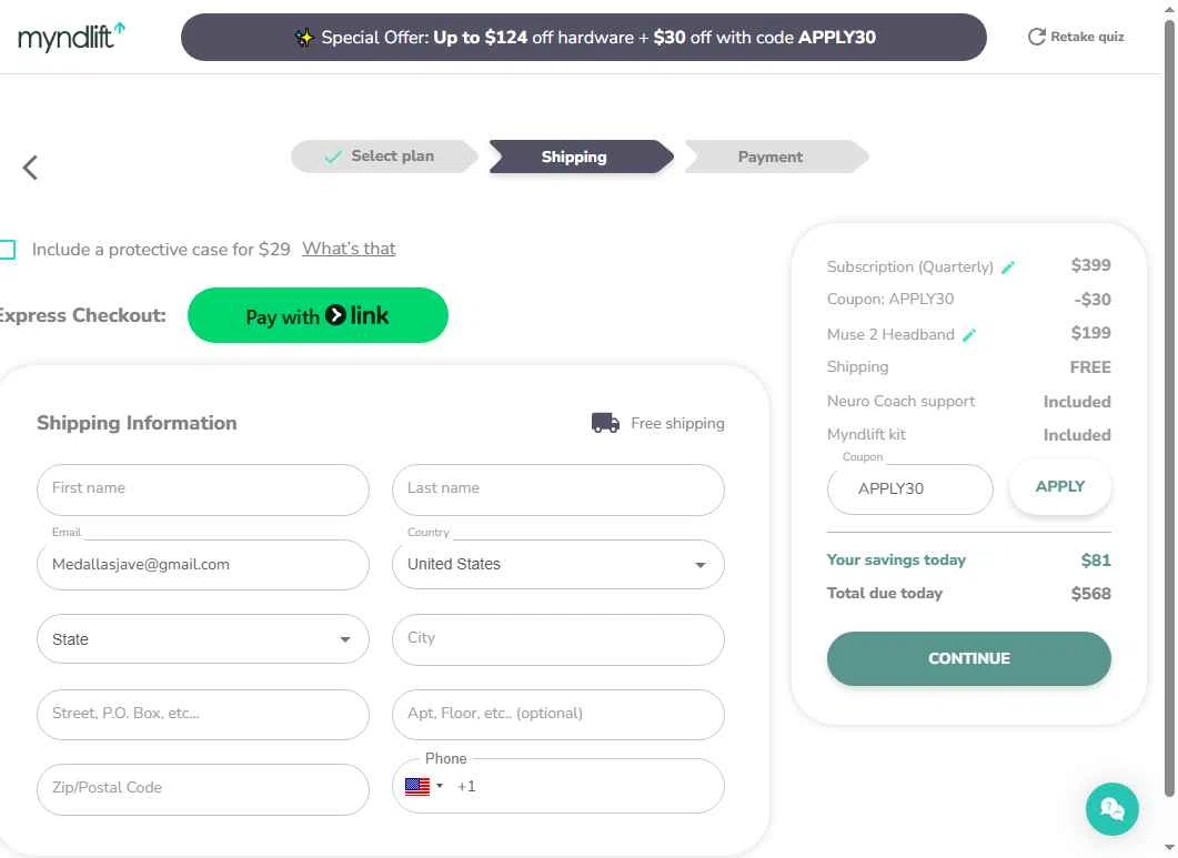 Myndlift checkout page showing Myndlift promo code box | Screenshot taken by SimplyCodes community member on Jan 19, 2026