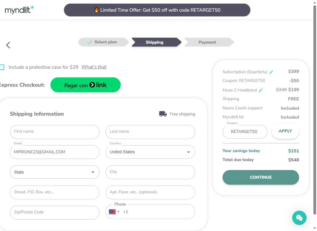 Myndlift checkout page showing Myndlift promo code box | Screenshot taken by SimplyCodes community member on Dec 11, 2025