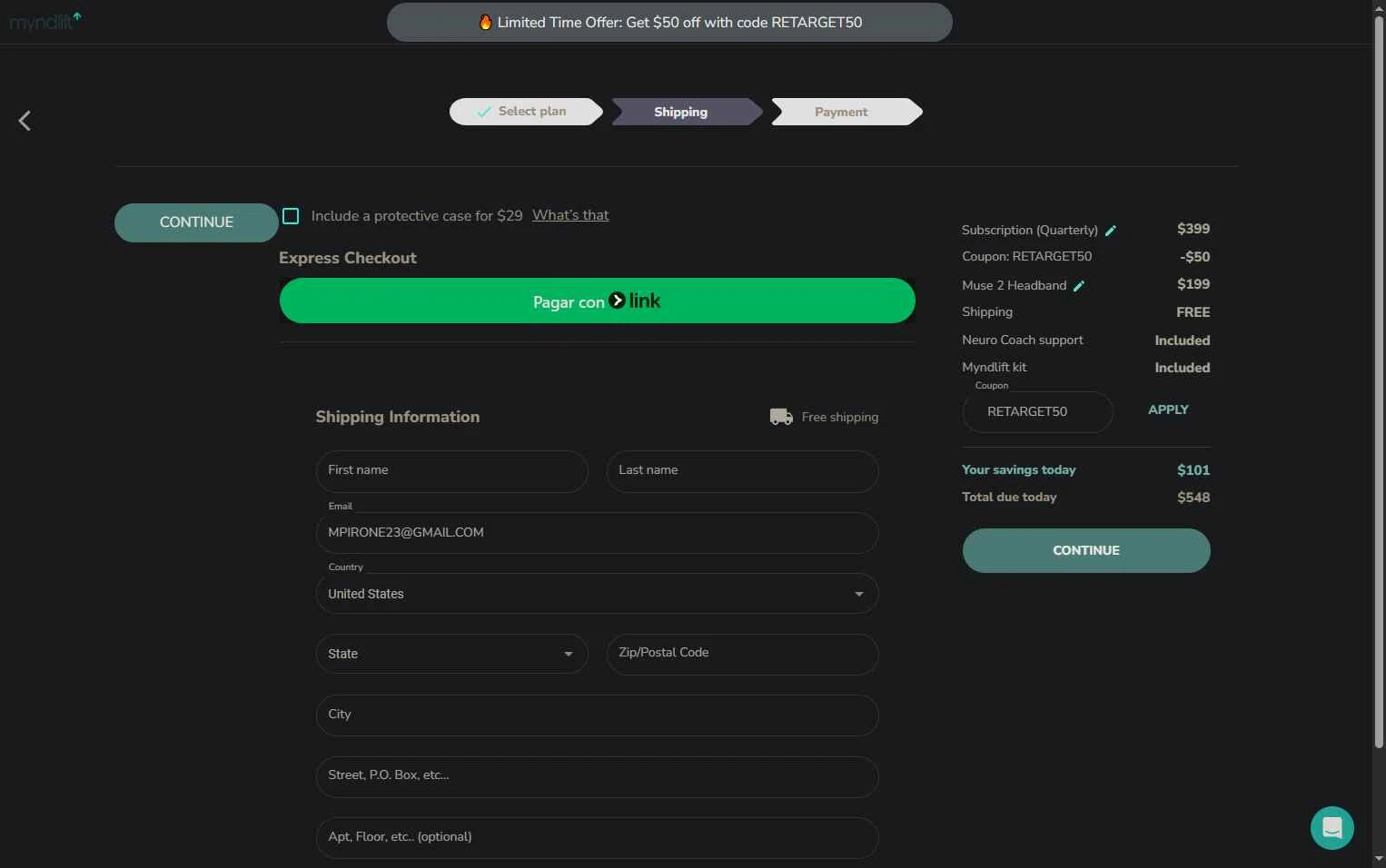Myndlift checkout page showing Myndlift promo code box | Screenshot taken by SimplyCodes community member on Jan 9, 2026