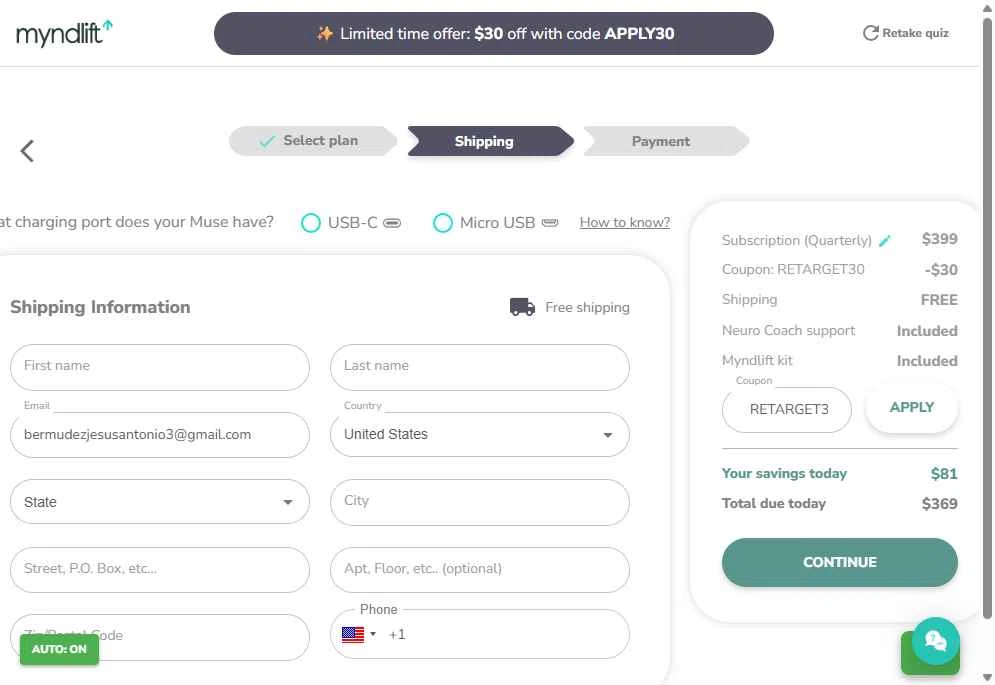 Myndlift checkout page showing Myndlift promo code box | Screenshot taken by SimplyCodes community member on Nov 8, 2025