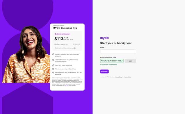 MYOB AU checkout page showing MYOB AU promo code box | Screenshot taken by SimplyCodes community member on Aug 21, 2025