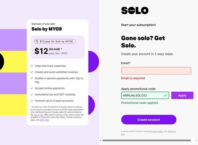 MYOB AU checkout page showing MYOB AU promo code box | Screenshot taken by SimplyCodes community member on Jun 4, 2025