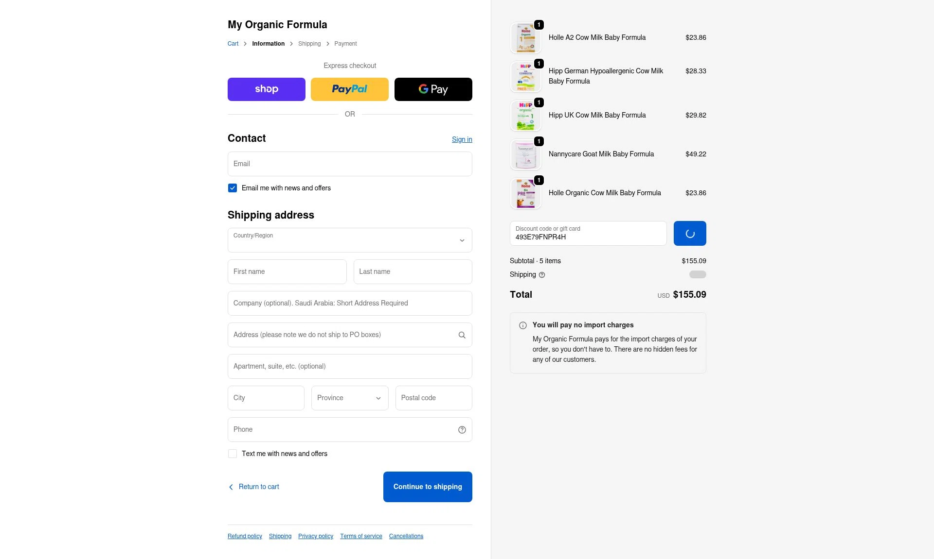 My Organic Formula checkout page showing My Organic Formula discount code box | Screenshot taken by SimplyCodes community member on Feb 7, 2026