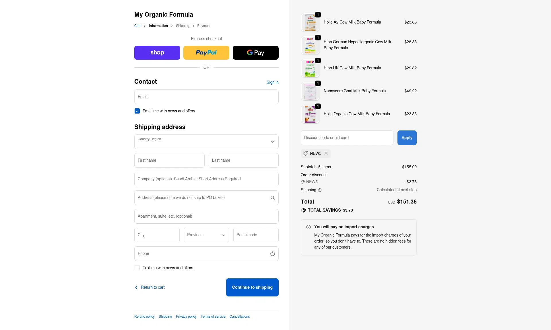 My Organic Formula checkout page showing My Organic Formula discount code box | Screenshot taken by SimplyCodes community member on Feb 7, 2026