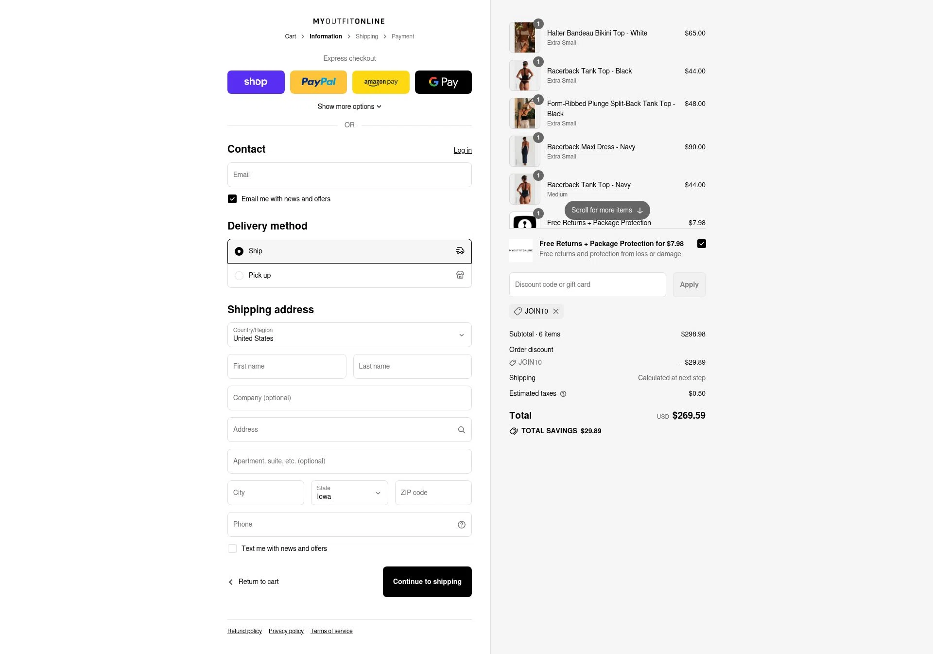 My Outfit Online checkout page showing My Outfit Online discount code box | Screenshot taken by SimplyCodes community member on Sep 8, 2025