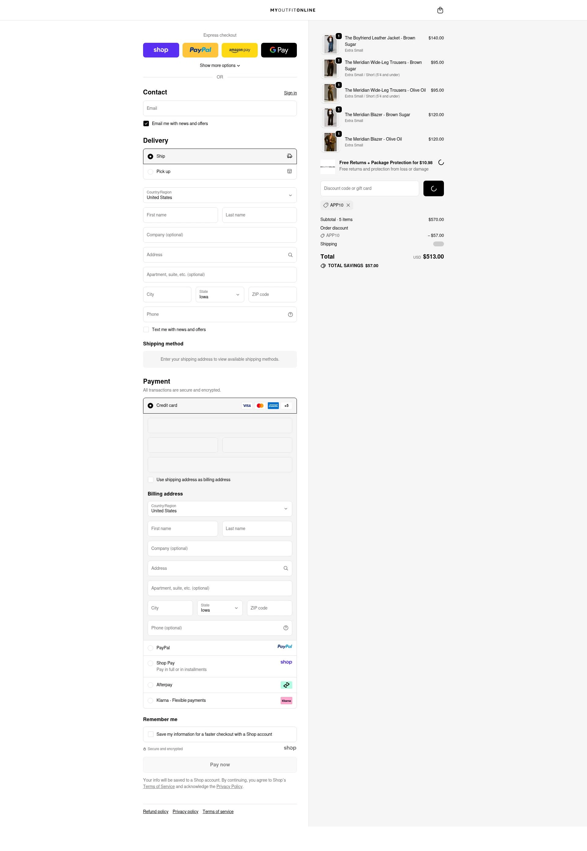 My Outfit Online checkout page showing My Outfit Online discount code box | Screenshot taken by SimplyCodes community member on Oct 27, 2025