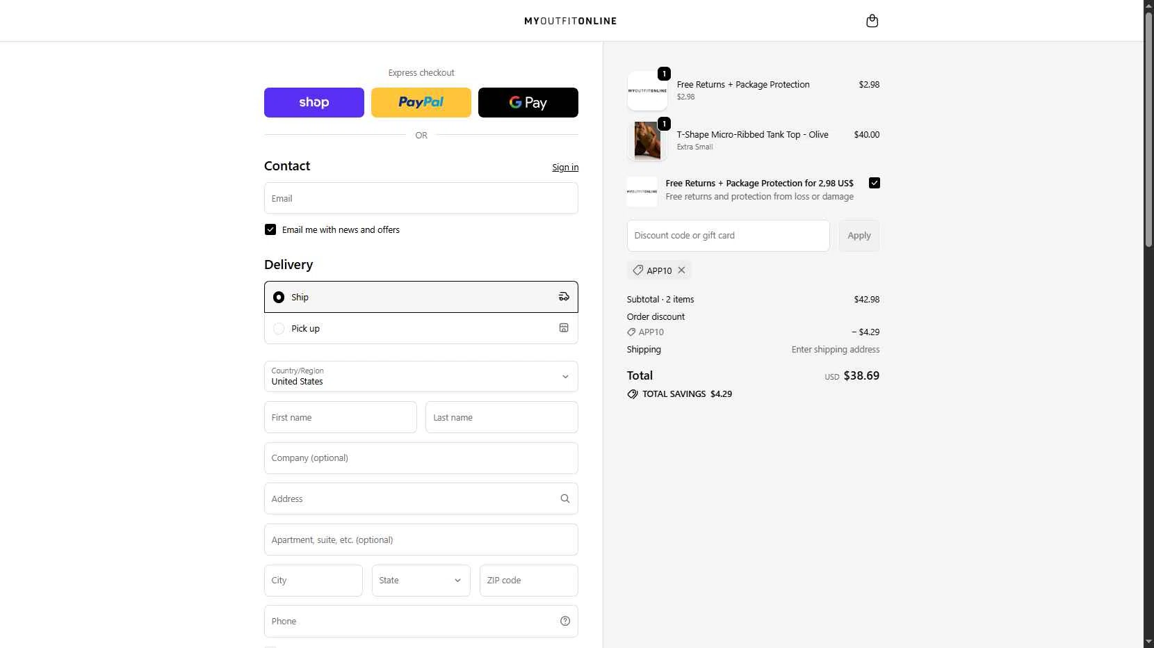 My Outfit Online checkout page showing My Outfit Online discount code box | Screenshot taken by SimplyCodes community member on Oct 28, 2025