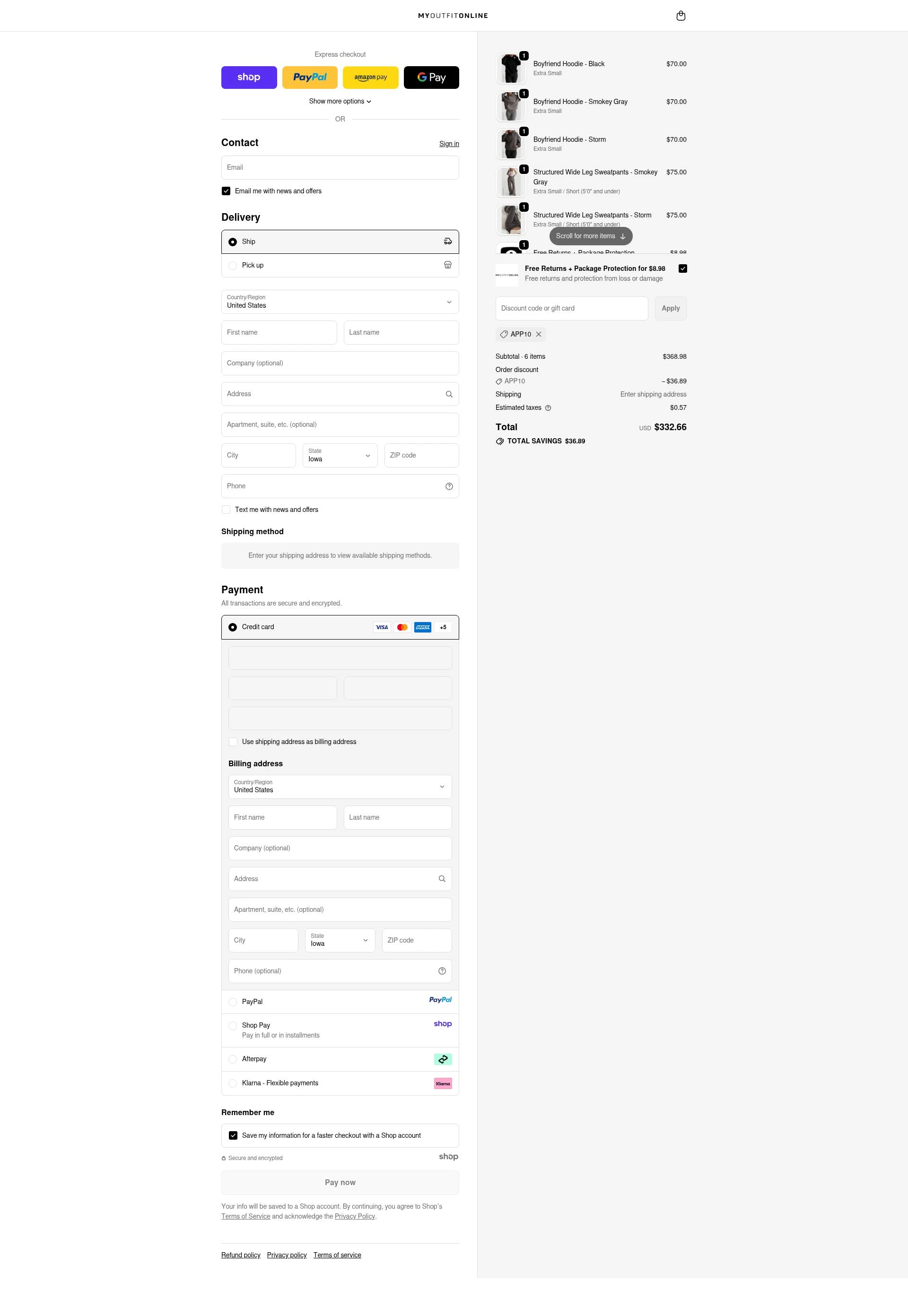 My Outfit Online checkout page showing My Outfit Online discount code box | Screenshot taken by SimplyCodes community member on Oct 7, 2025