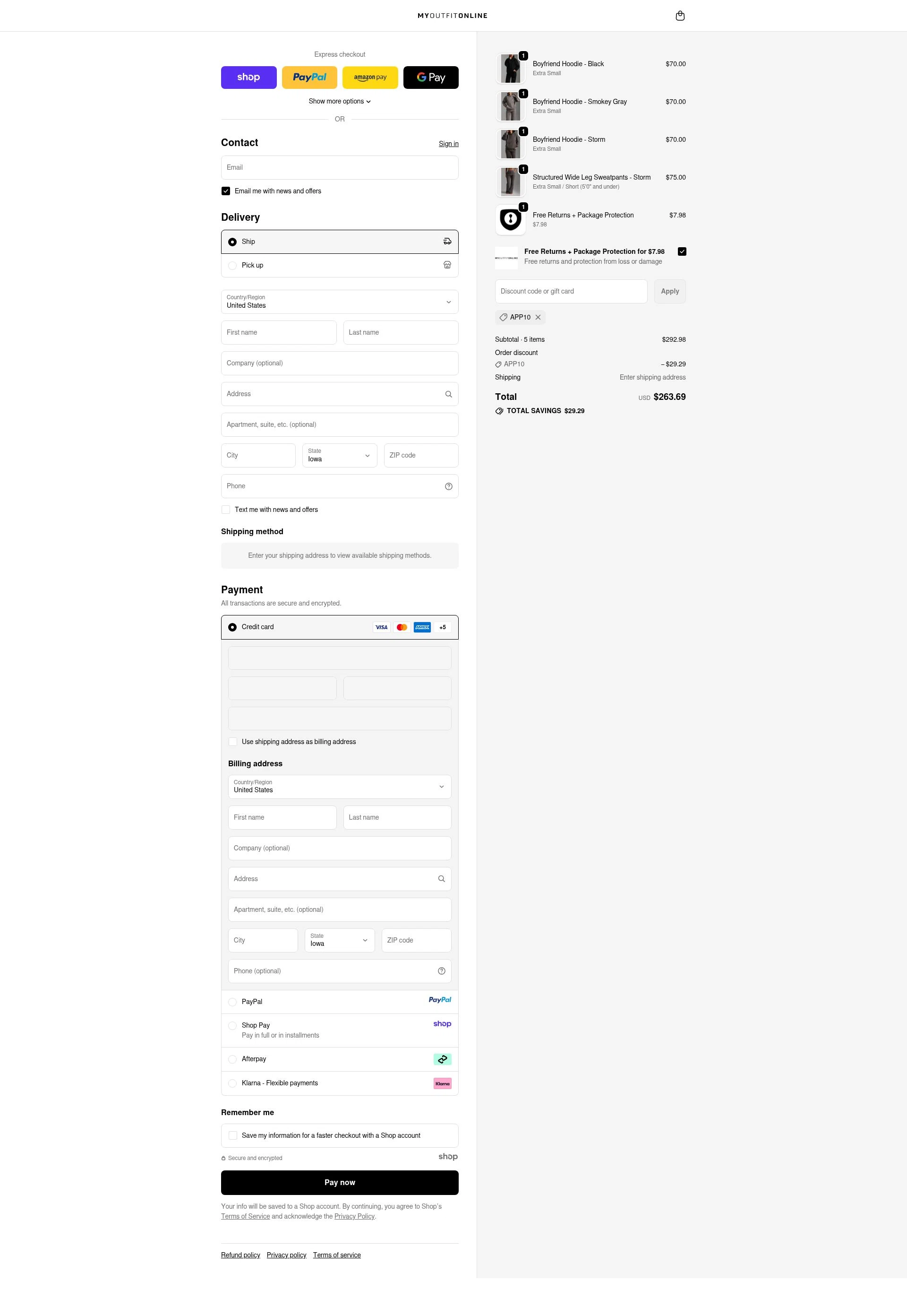 My Outfit Online checkout page showing My Outfit Online discount code box | Screenshot taken by SimplyCodes community member on Oct 19, 2025
