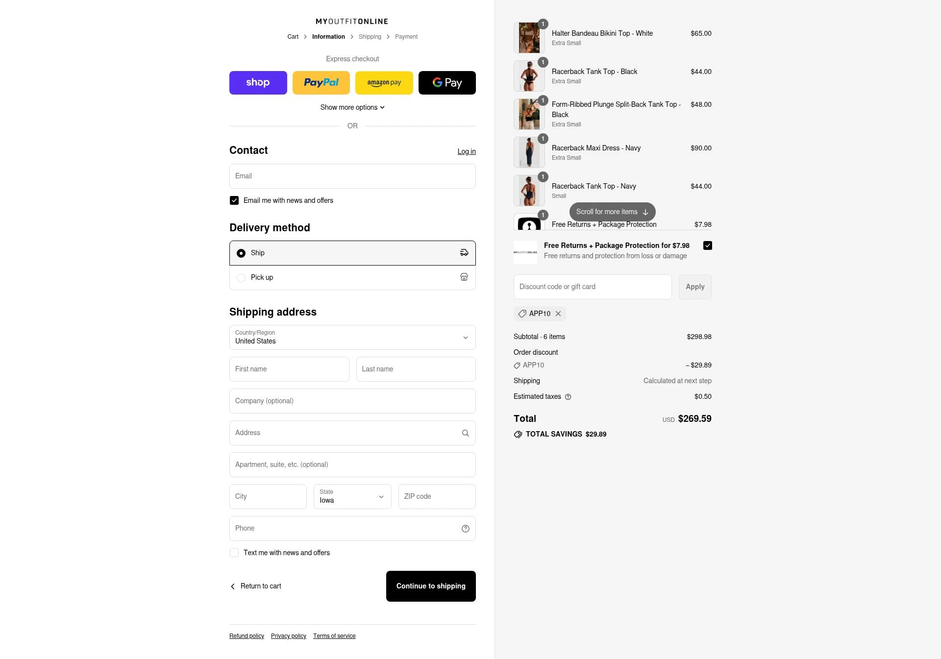 My Outfit Online checkout page showing My Outfit Online discount code box | Screenshot taken by SimplyCodes community member on Sep 4, 2025