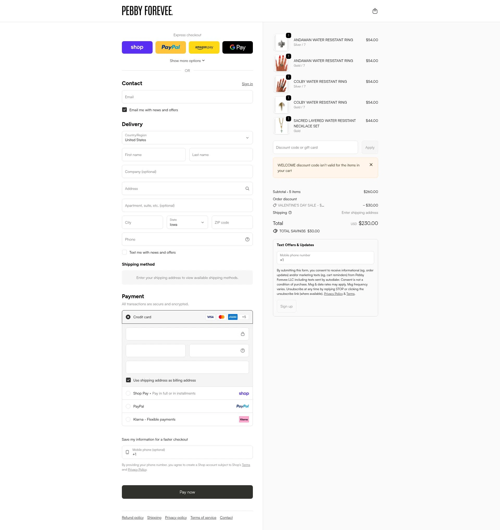 My Pebby Forevee checkout page showing My Pebby Forevee promo code box | Screenshot taken by SimplyCodes community member on Feb 13, 2026