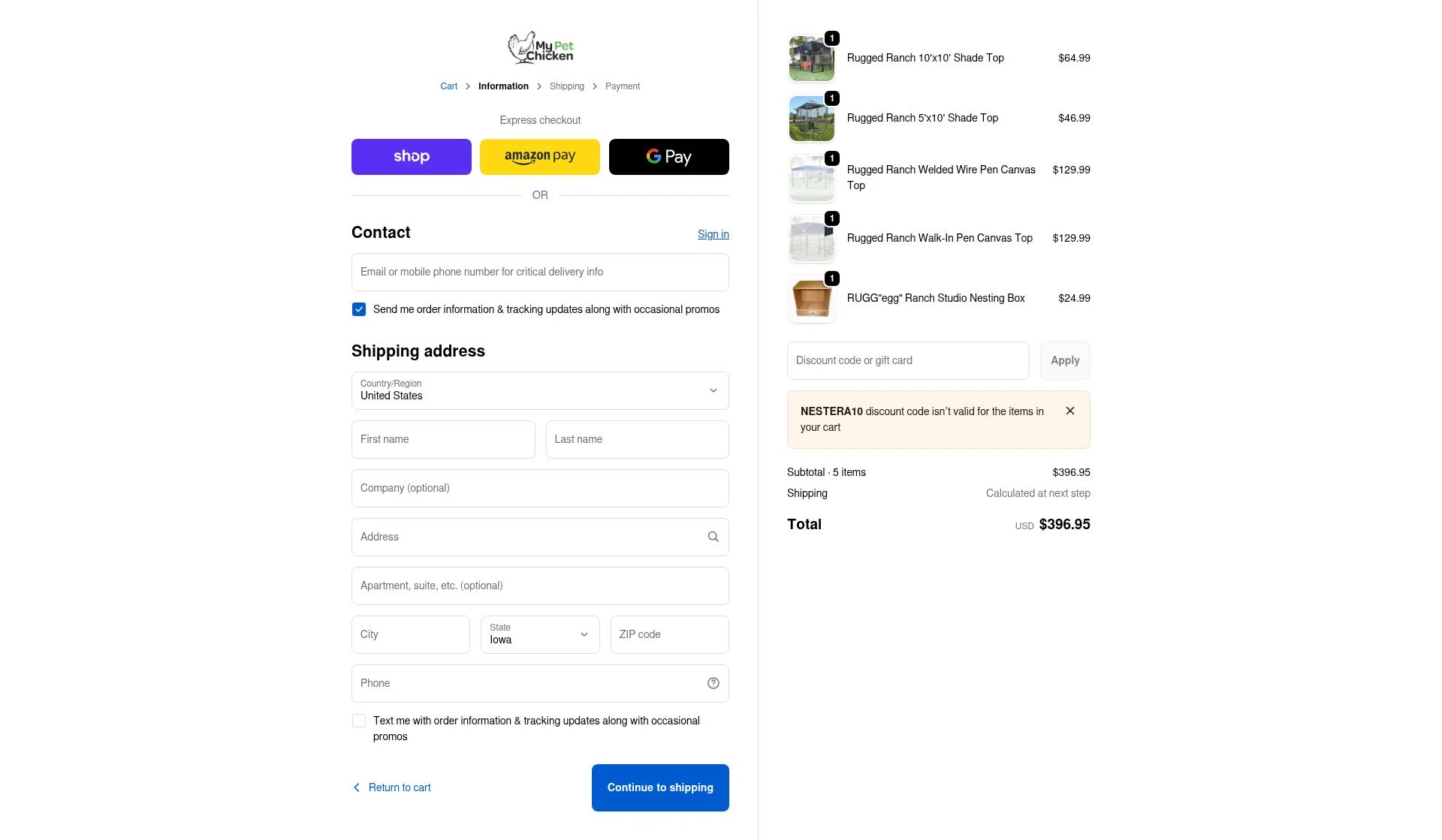 My Pet Chicken checkout page showing My Pet Chicken discount code box | Screenshot taken by SimplyCodes community member on Feb 4, 2026