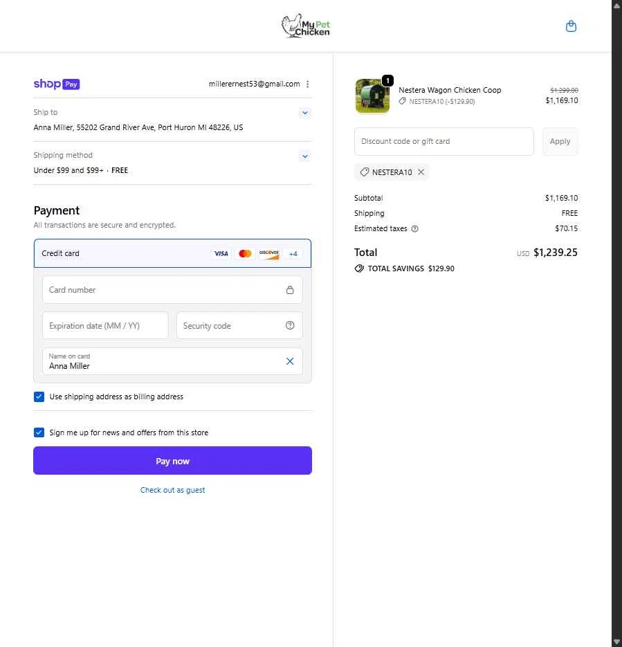 My Pet Chicken checkout page showing My Pet Chicken discount code box | Screenshot taken by SimplyCodes community member on Jan 7, 2026