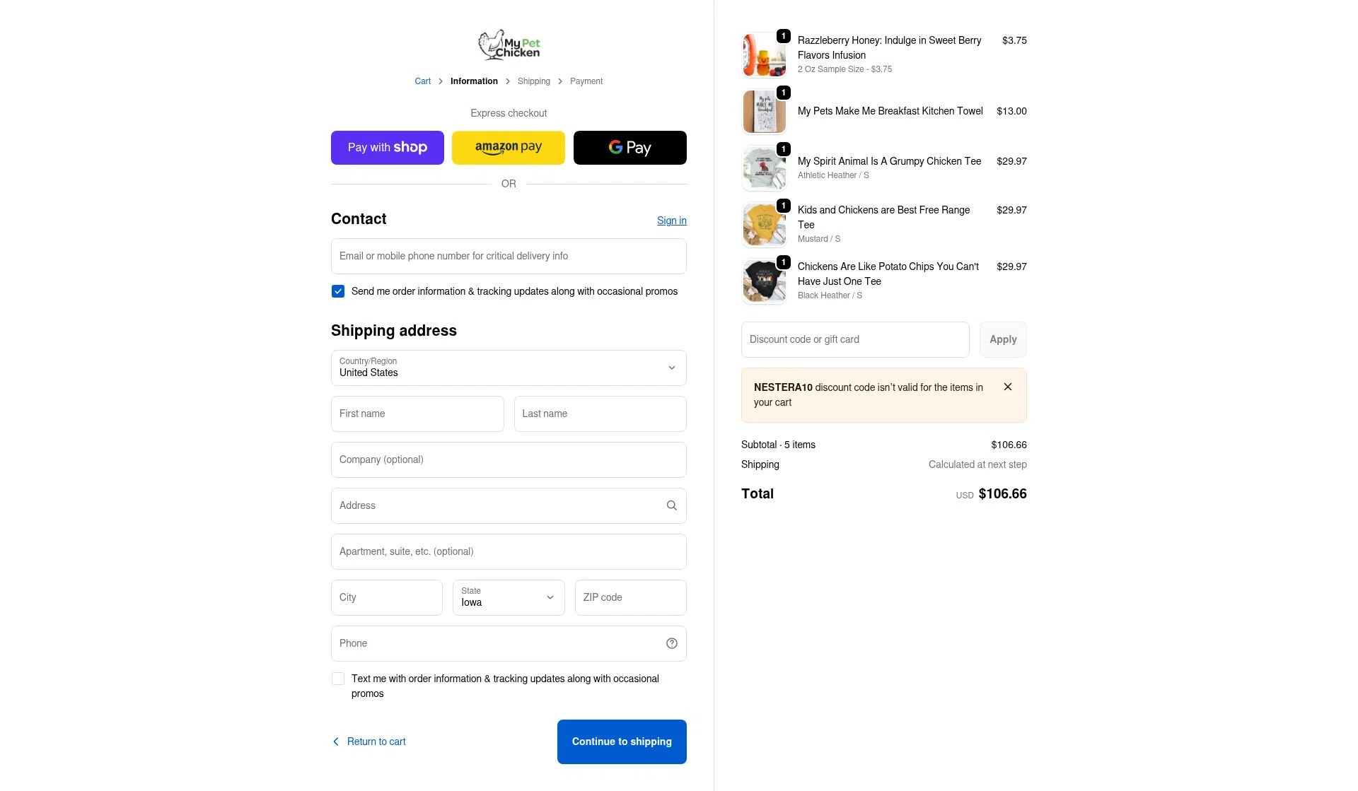My Pet Chicken checkout page showing My Pet Chicken discount code box | Screenshot taken by SimplyCodes community member on Jan 11, 2026