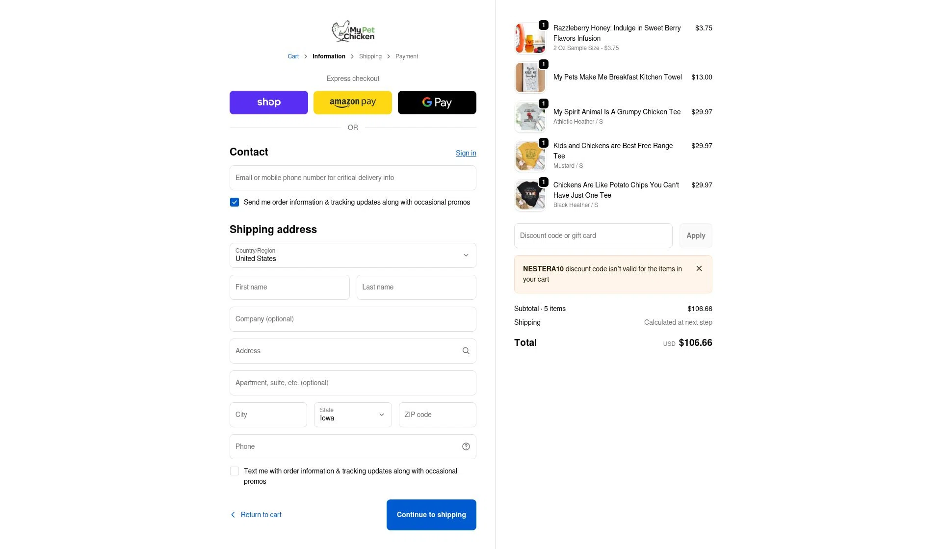 My Pet Chicken checkout page showing My Pet Chicken discount code box | Screenshot taken by SimplyCodes community member on Jan 1, 2026
