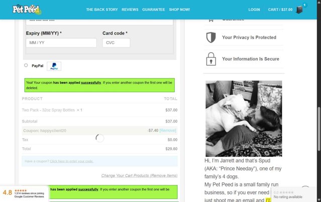 My Pet Peed checkout page showing My Pet Peed coupon code box | Screenshot taken by SimplyCodes community member on Jul 25, 2025