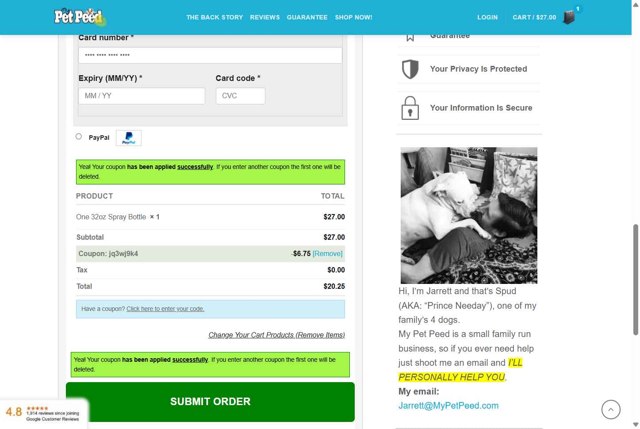 My Pet Peed checkout page showing My Pet Peed coupon code box | Screenshot taken by SimplyCodes community member on Sep 5, 2025