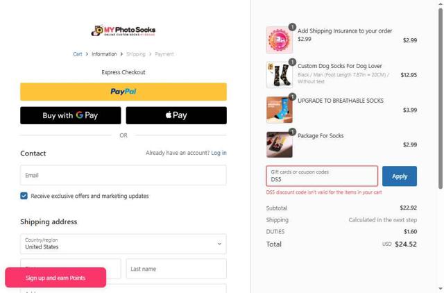 My Photo Socks checkout page showing My Photo Socks promo code box | Screenshot taken by SimplyCodes community member on May 16, 2025