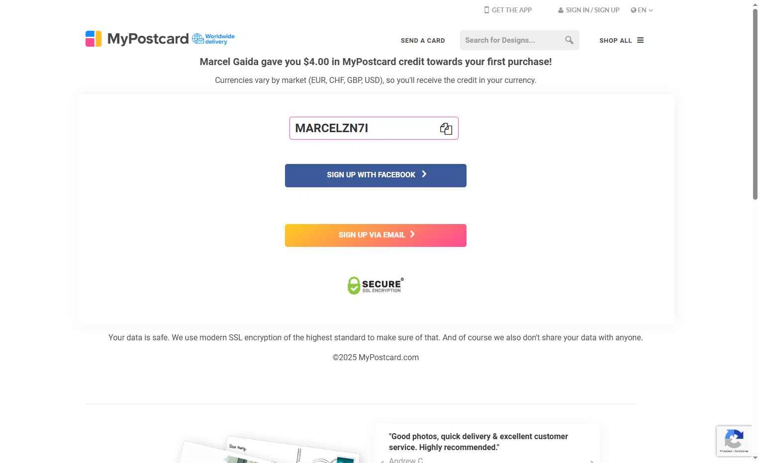 MyPostcard checkout page showing MyPostcard promo code box | Screenshot taken by SimplyCodes community member on Nov 4, 2025