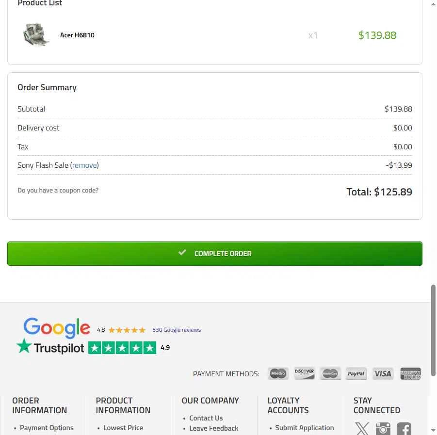 My Projector Lamps checkout page showing My Projector Lamps coupon code box | Screenshot taken by SimplyCodes community member on Jan 6, 2026
