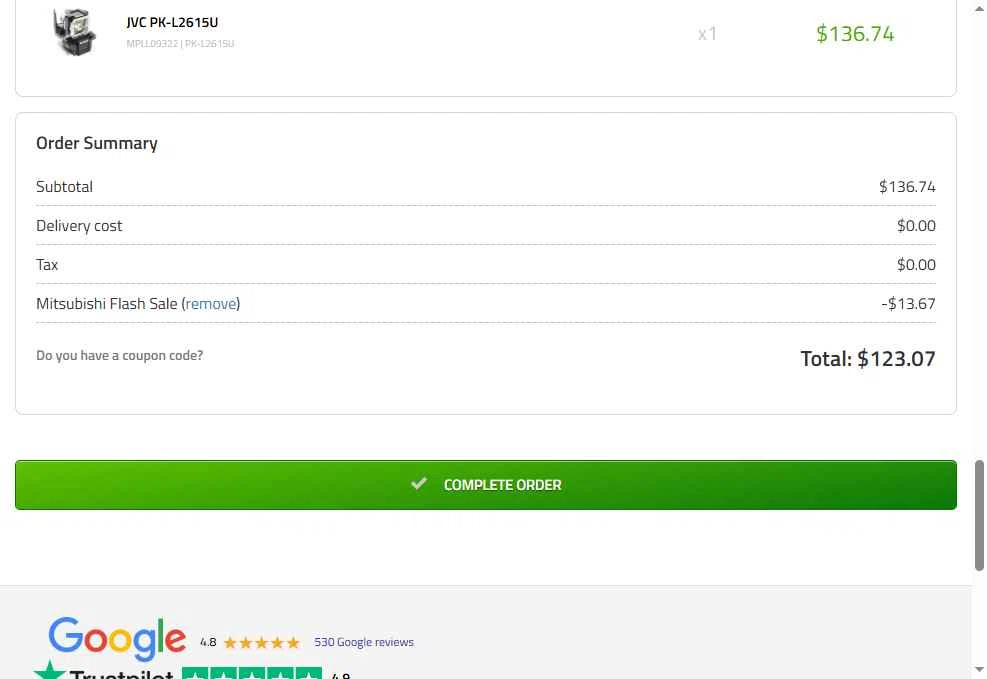 My Projector Lamps checkout page showing My Projector Lamps coupon code box | Screenshot taken by SimplyCodes community member on Jan 25, 2026