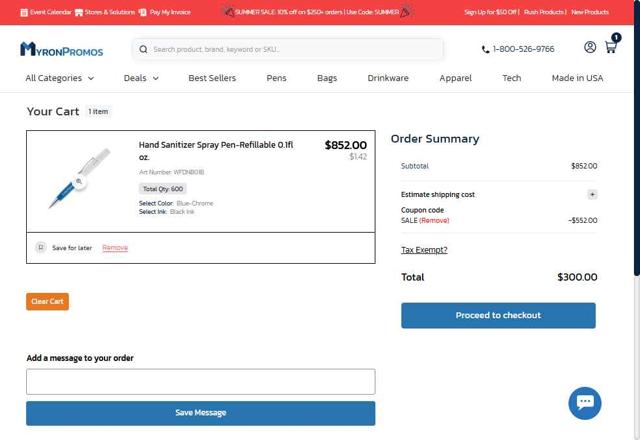 Myron checkout page showing Myron promo code box | Screenshot taken by SimplyCodes community member on Jul 18, 2025