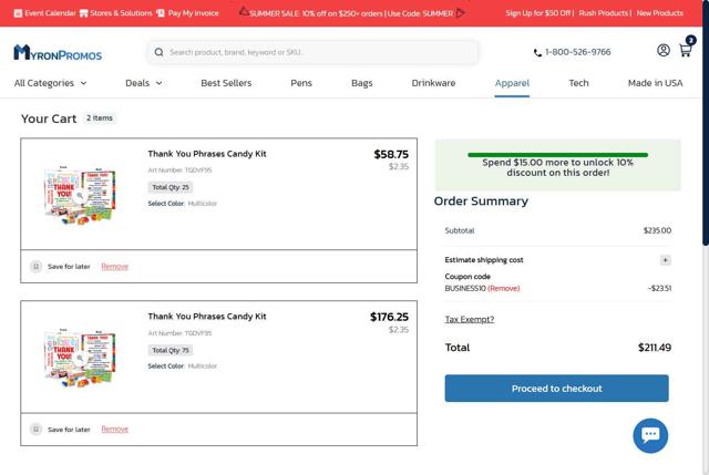 Myron checkout page showing Myron promo code box | Screenshot taken by SimplyCodes community member on Jul 15, 2025