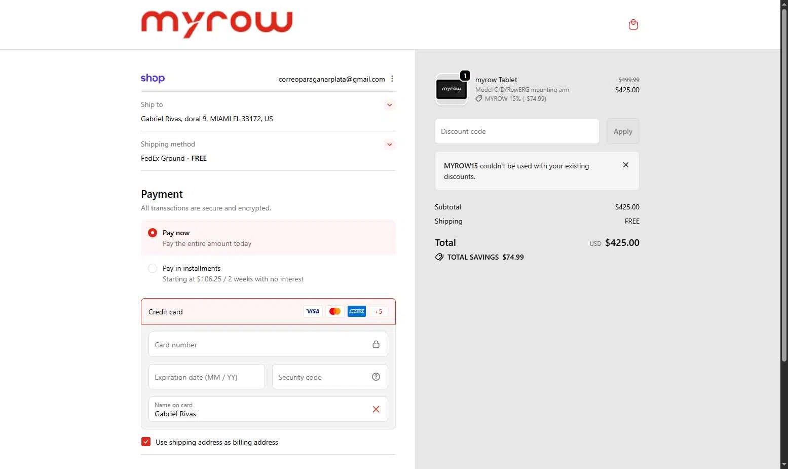 myrow checkout page showing myrow promo code box | Screenshot taken by SimplyCodes community member on Dec 20, 2025