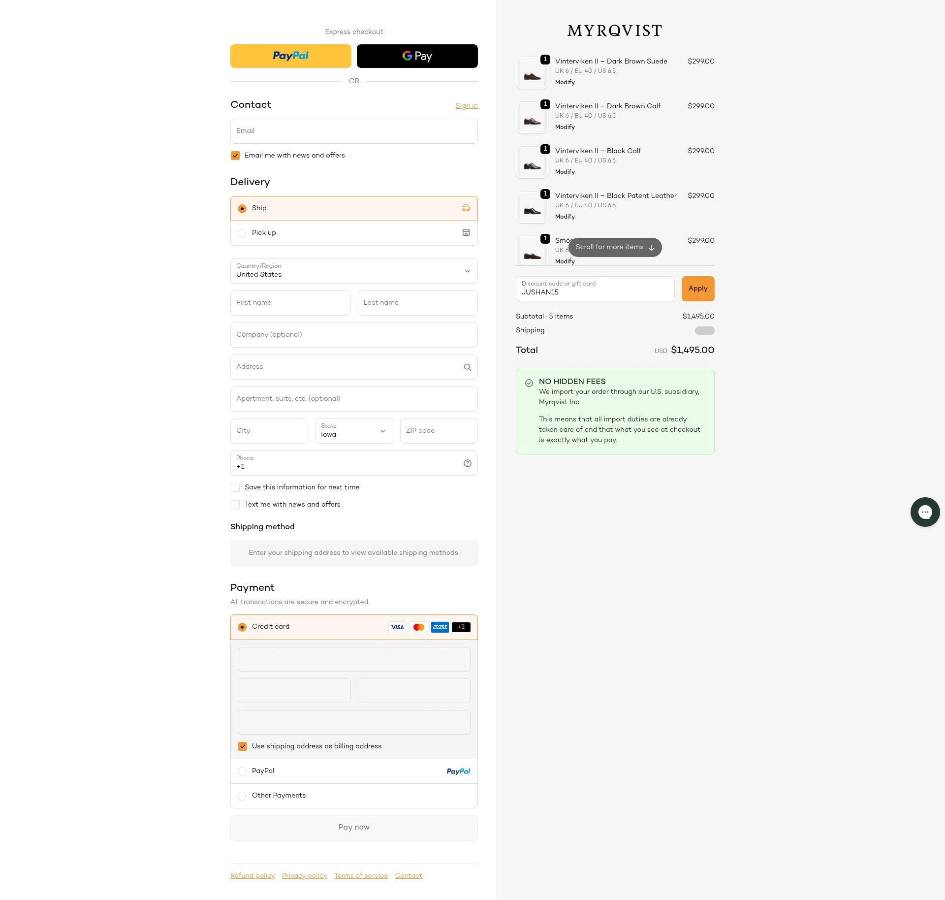 Myrqvist checkout page showing Myrqvist discount code box | Screenshot taken by SimplyCodes community member on Jan 6, 2026