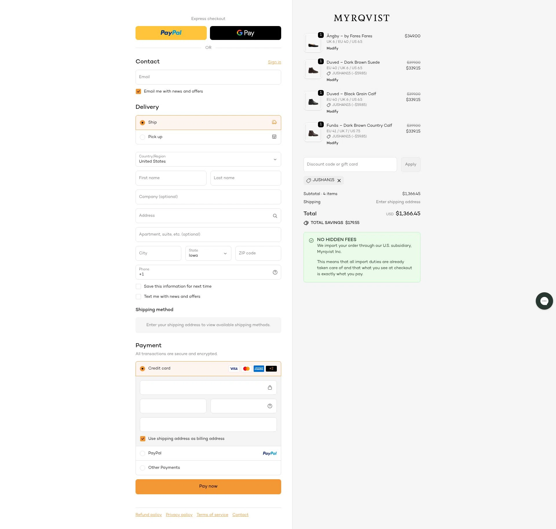 Myrqvist checkout page showing Myrqvist discount code box | Screenshot taken by SimplyCodes community member on Jan 1, 2026