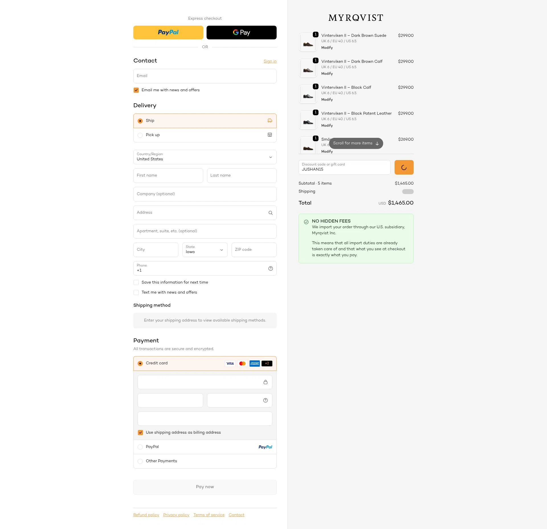 Myrqvist checkout page showing Myrqvist discount code box | Screenshot taken by SimplyCodes community member on Jan 21, 2026