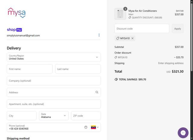 Mysa checkout page showing Mysa discount code box | Screenshot taken by SimplyCodes community member on May 21, 2025