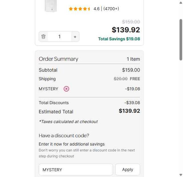 Mysa checkout page showing Mysa discount code box | Screenshot taken by SimplyCodes community member on Sep 23, 2025