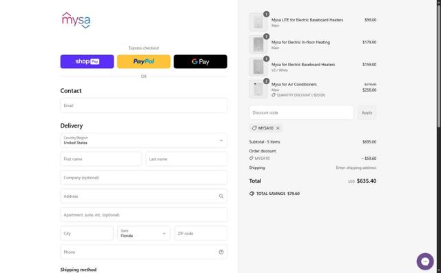 Mysa checkout page showing Mysa discount code box | Screenshot taken by SimplyCodes community member on May 21, 2025