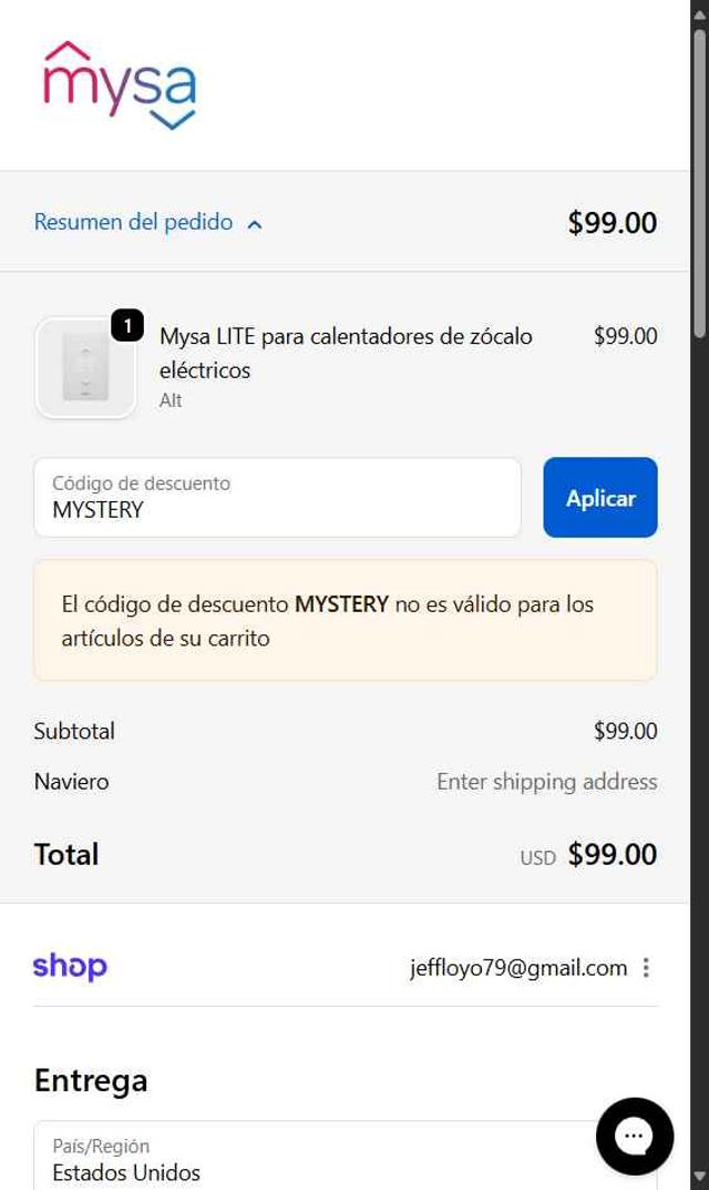 Mysa checkout page showing Mysa discount code box | Screenshot taken by SimplyCodes community member on Sep 23, 2025