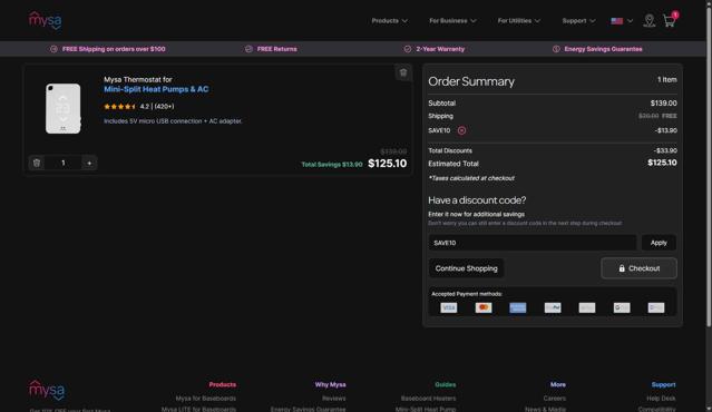 Mysa checkout page showing Mysa discount code box | Screenshot taken by SimplyCodes community member on Aug 25, 2025