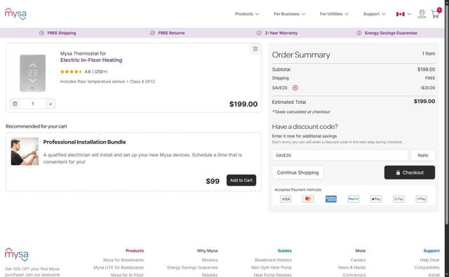 Mysa checkout page showing Mysa discount code box | Screenshot taken by SimplyCodes community member on Aug 25, 2025
