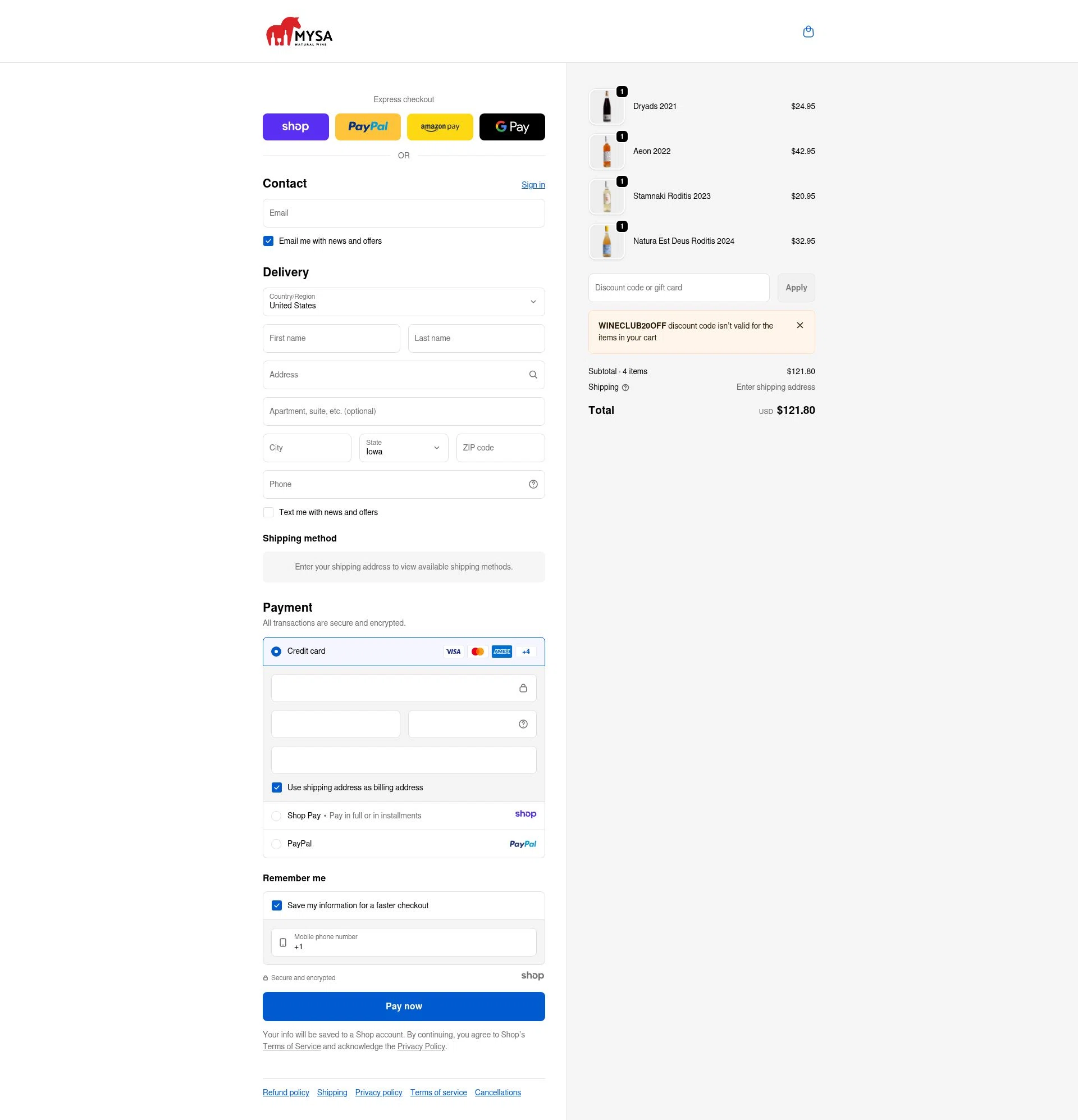 MYSA Natural Wine checkout page showing MYSA Natural Wine promo code box | Screenshot taken by SimplyCodes community member on Jan 14, 2026