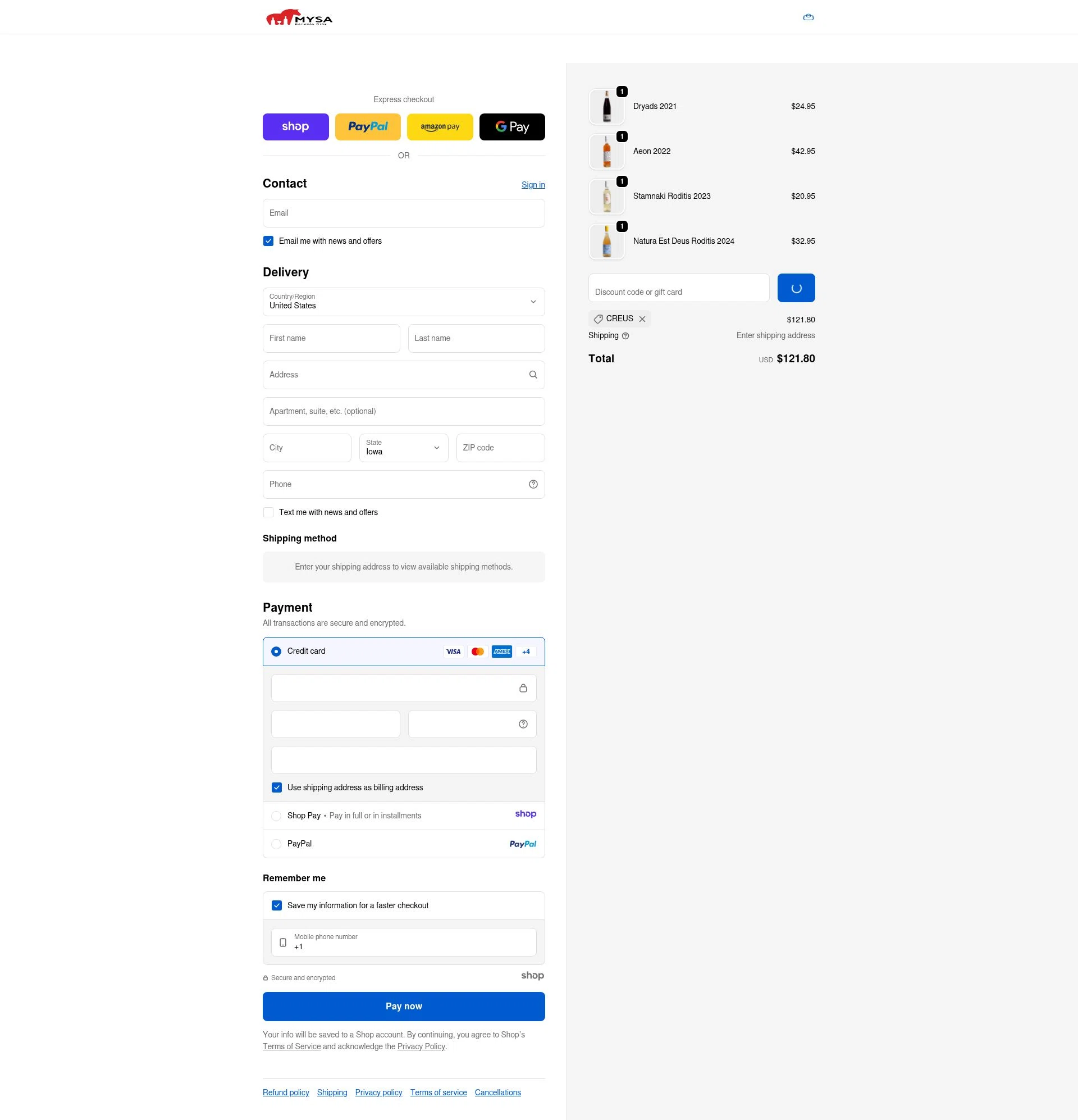 MYSA Natural Wine checkout page showing MYSA Natural Wine promo code box | Screenshot taken by SimplyCodes community member on Jan 14, 2026