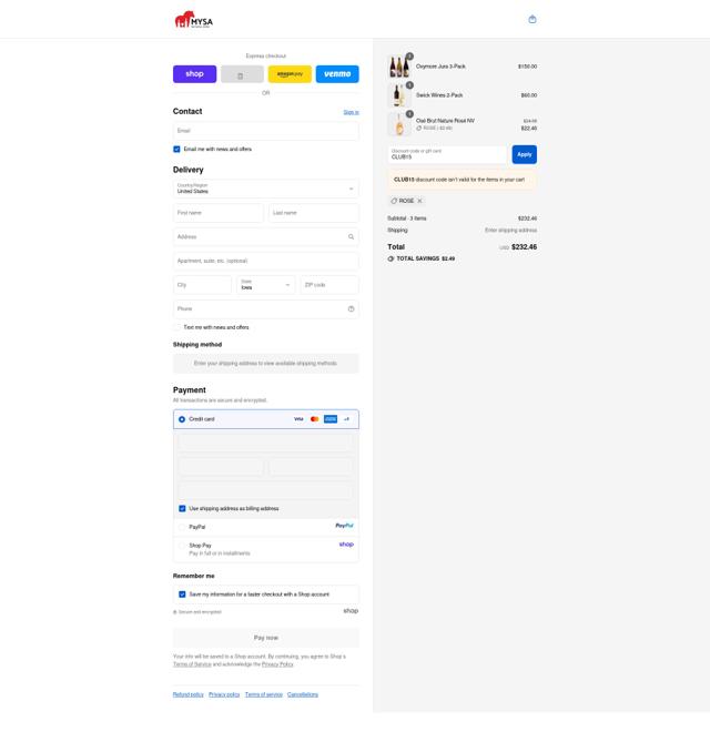 MYSA Natural Wine checkout page showing MYSA Natural Wine promo code box | Screenshot taken by SimplyCodes community member on Sep 10, 2025